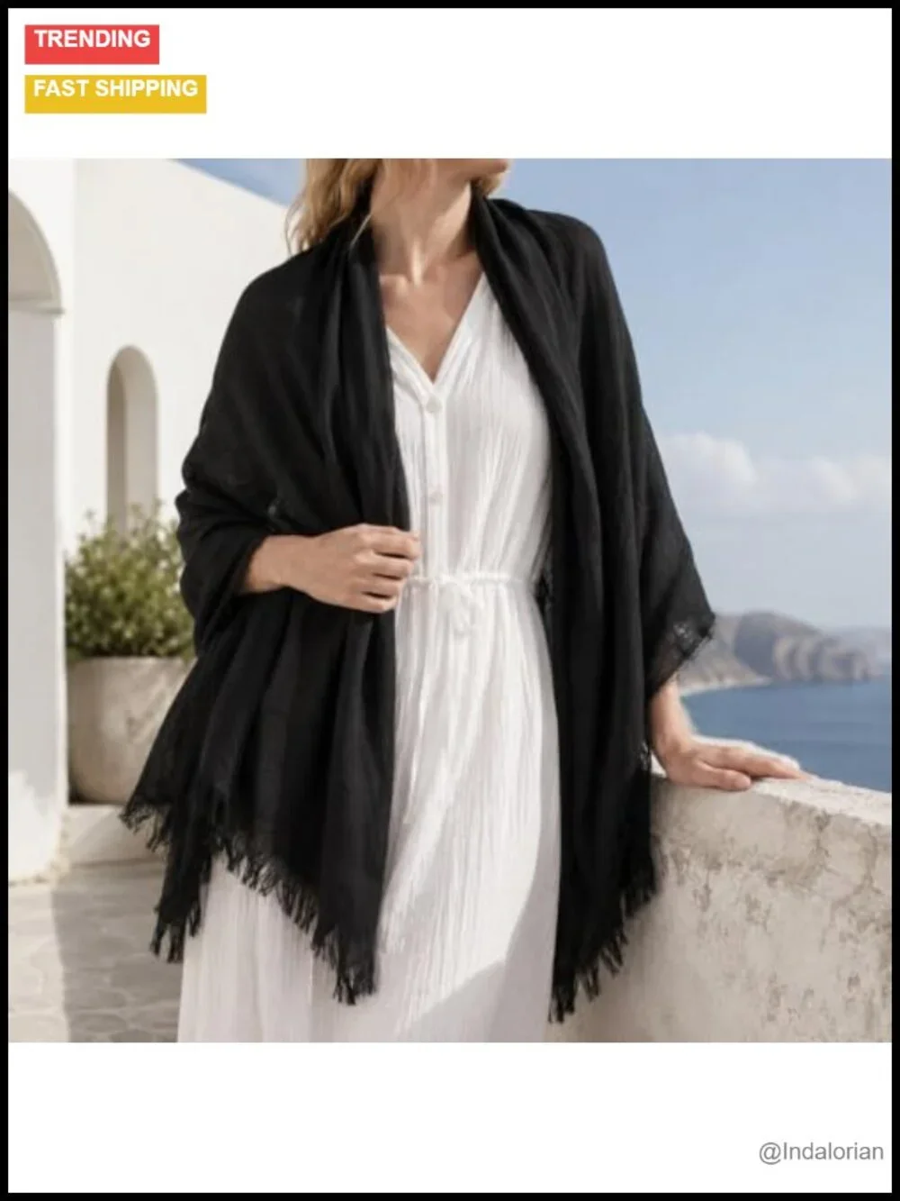 Oversized Lightweight Fringed Shawl Wrap - Linen-Feel, 75x40 in, Fashion Scarf
